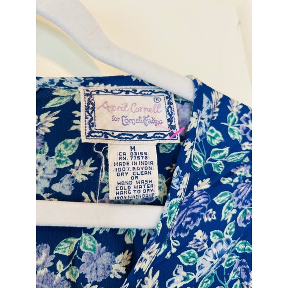 April Cornell Vintage 90s Blue Floral Sleeveless Midi Dress Cottagecore Size M - Picture 3 of 6